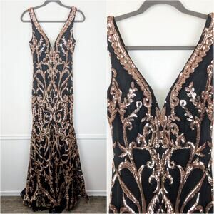 Cecilia Couture Gown Mermaid Dress Prom Sequins Pattern Black Gold Glam Size 4